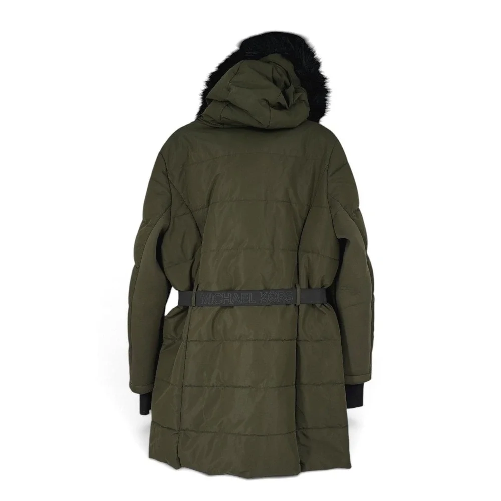 Michael Kors Puffer Parka Women Large Olive Green Belted Faux Fur Hood